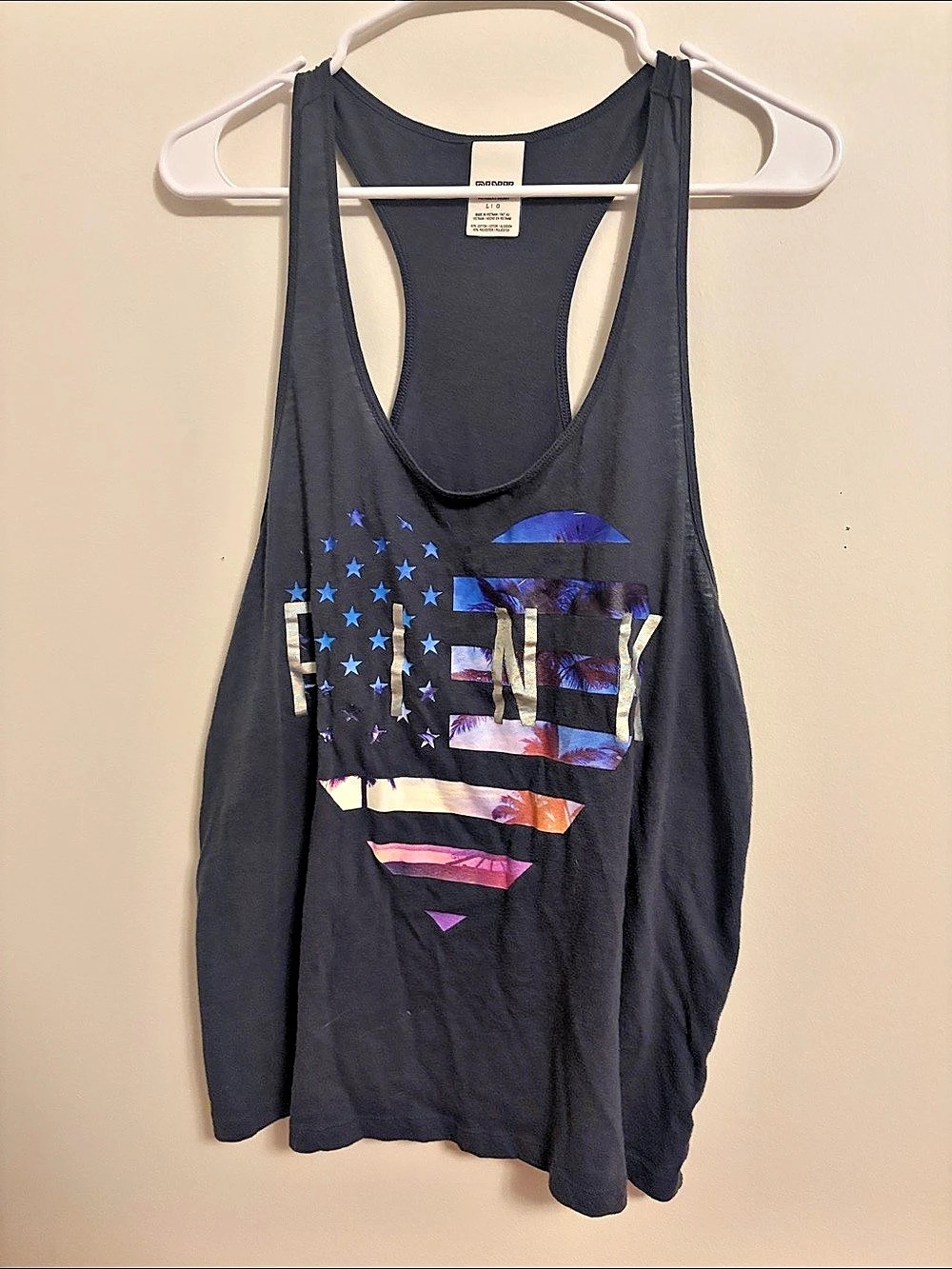 Victoria's Secret PINK Graphic Racerback Tank in Black & Blue Size Large